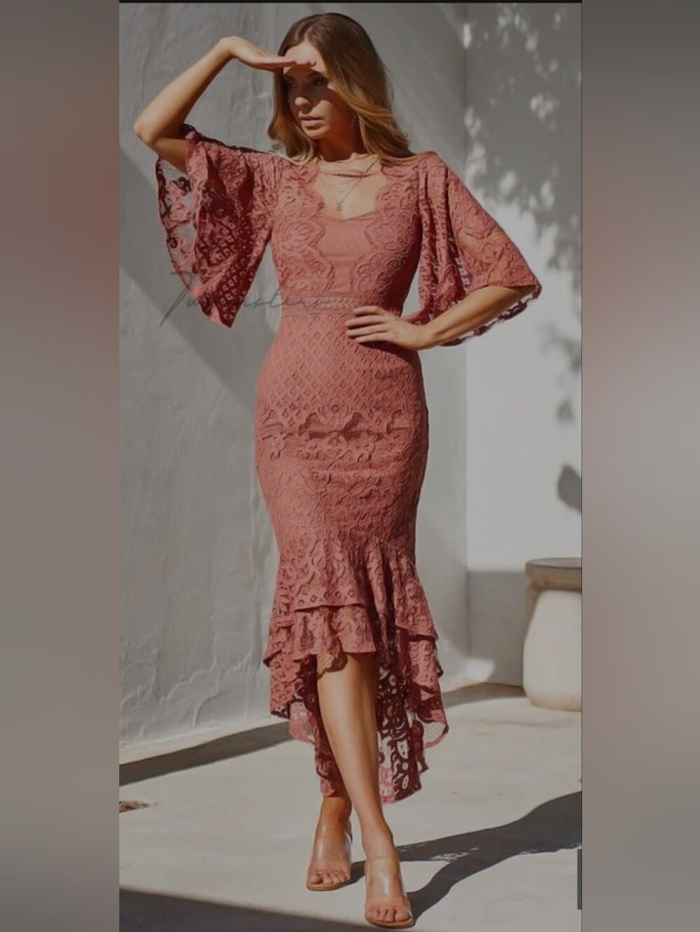 Lace Flutter-Sleeve Midi Dress in Dusty Rose